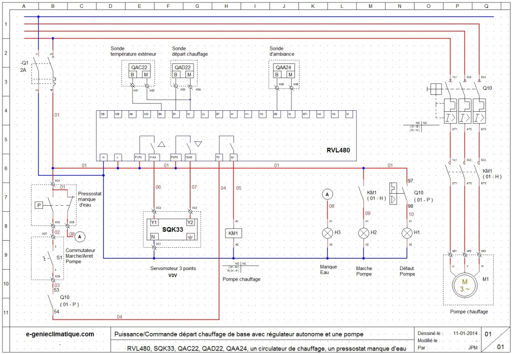 schéma électrique d’un départ chauffage avec une pompe et le RVL480